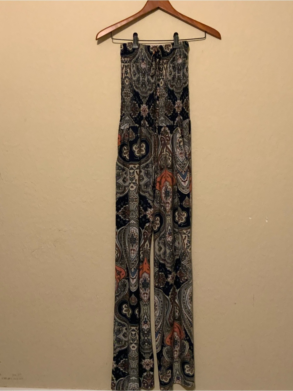Strapless paisley palazzo jumpsuit in navy and pink